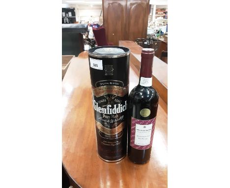 One litre bottle of Glenfiddich Scotch Whiskey together with a bottle of red wine