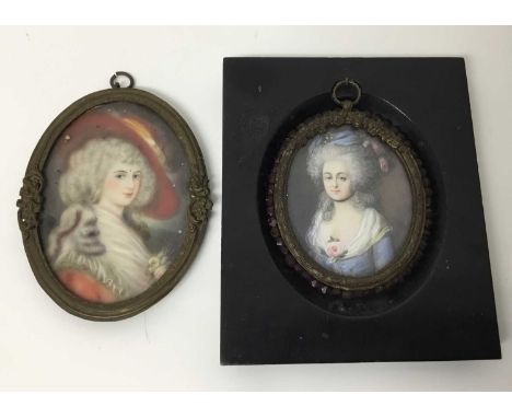 18th century style portrait miniature on ivory depicting a lady in blue dress, signed with initials AB, oval, 7 x 6cm, glazed