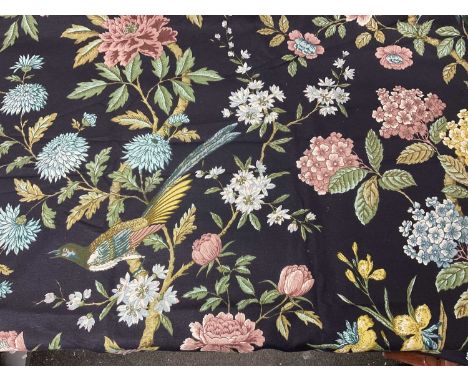 Two boxes of textiles to include Sanderson 'Bird and Peony' pattern fabric, gentlemen's black bowler hat, pair of curtains, s