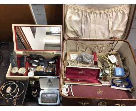 Costume jewellery including gold plated bangle, two gilt metal charm bangles, various wristwatches, Ronson lighter in box and