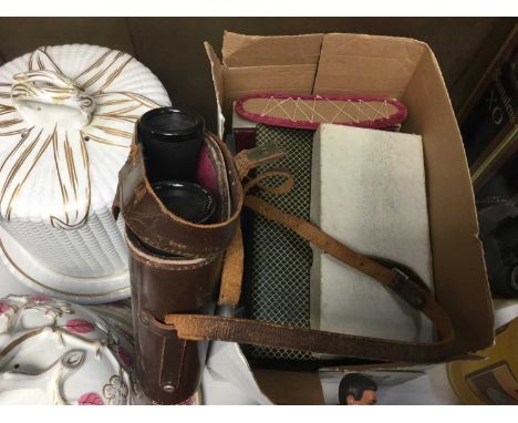 Two Victorian cheese domes, binoculars, cutlery sets, brass lamp, oak box and sundry items