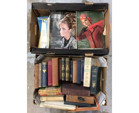 Box of vintage Vogue patterns and magazines, together with a box of books including 20th century fiction