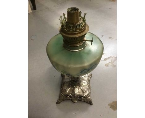 Silver plated and coloured glass oil lamp, with painted swag ornament to the reservoir