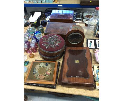 Three Victorian mahogany boxes, a pair of beadwork footstools, a mantel clock and two needlework items