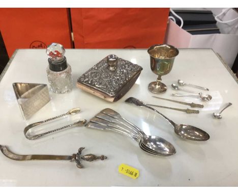 Silver mounted blotter, silver fiddle pattern teaspoons, silver napkin ring and other items (1 box)