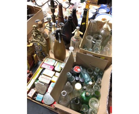 Collection of old glass bottles, three branch candelabrum, French mantle clock, vintage tins and sundries