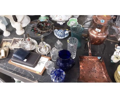 Sundry items, including glassware, copper kettle, etc together with Victorian christening gown and other textiles