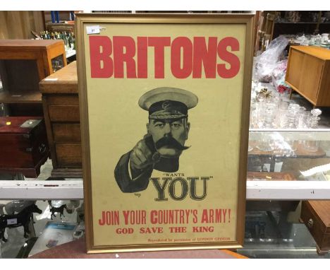 Reproduction Lord Kitchener wants you, join your country's army! First World War recruitment poster, in glazed gilt frame.