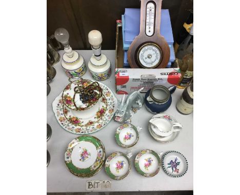 Pair of Poole pottery lamps, Royal Albert Old Country Roses pattern two tier cake stand, Wedgwood plates and Edwardian barome