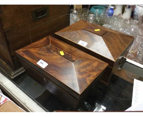 19th century mahogany two division tea caddy with box wood stringing, together with another similar (interior missing)
