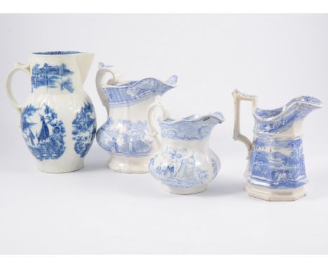 Caughley cabbage leaf moulded jug, late 18th Century, Fisherman pattern, restored, 20cm; and four Victorian transfer ware jug
