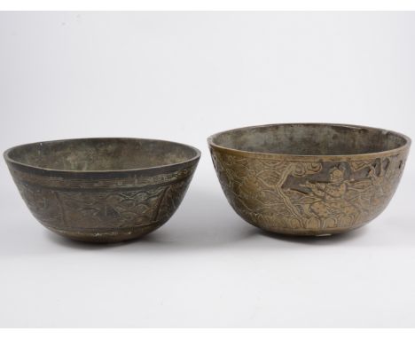 Chinese bronze basin, bearing six-character mark, cast decoration with figures, diameter 26cm; and another Chinese bronze bas