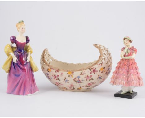 Royal Doulton figure, Maisie, HN169, 18cm; another, Loretta, HN2337; royal Doulton series ware dish; a zsolnay style boat sha