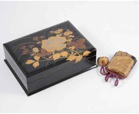 Japanese five-section Inro, black and gold lacquer, 8cm, with cord and netsuke.