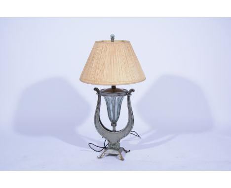 Contemporary table lamp, lyre and urn shaped frame, on acanthus feet, pleated shade, 87cm.