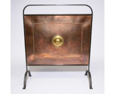 A metal framed firescreen, copper panel, 92x77cm, and ironwork.