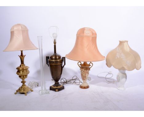 Brass finish table lamp, Victorian style with shade, 86cm; and a collection of other table lamps.