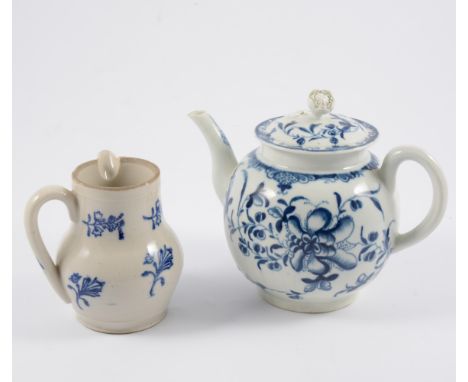 First Period Worcester blue and white teapot and cover, printed floral pattern, open crescent mark, 13.5cm; and a small potte