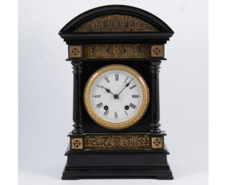 Shelf clock, ebonised bone top cased, gilt stencil panels, circular enamelled dial, the movement striking on a gong, height 3