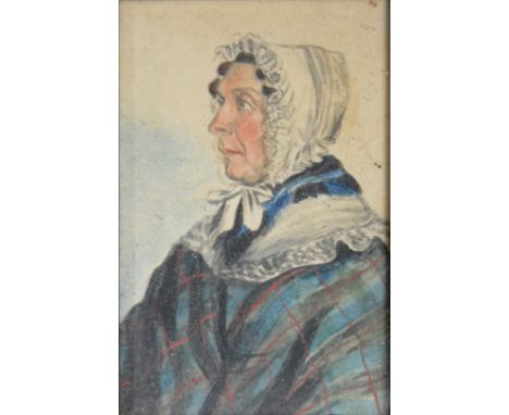 Reproduction oil on canvas, rural landscape; miniature watercolour portrait, head and shoulders portrait of an old lady weari