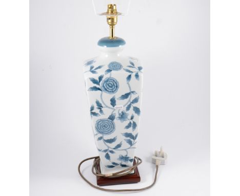 A modern blue and white ceramic table lamp with cream shade, 46cm high, two Irish cut glass pedestal bowls, 20cm diameter and