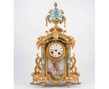 French gilt metal and Bleu Celeste porcelain mantel garniture, clock case with a white enamelled dial, cylinder movement stri