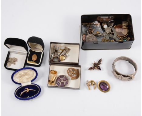 Edwardian seed pearl brooch, cabochon garnet long brooch, other jewellery and dress jewellery.