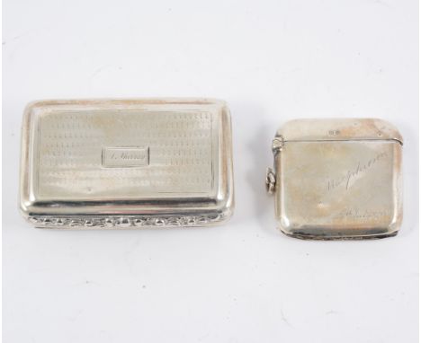 A silver snuff box, rectangular with engine turning, engraved name, cast thumb piece, Edward Smith, Birmingham 1832, 7.5cm, 2