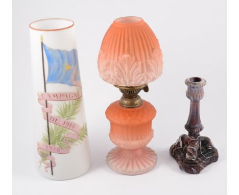 Victorian moulded and opaque glass oil lamp, 29cm; an opaque glass vase, printed Campagne de 1914-1918; glass jug painted wit