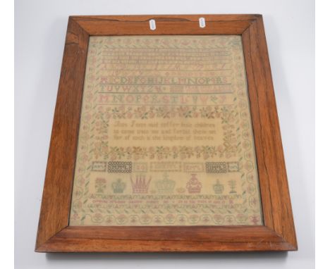 George IV sampler, scrolling floral border, designed with the alphabet and a verse, 'But Jesus said suffer little children ..