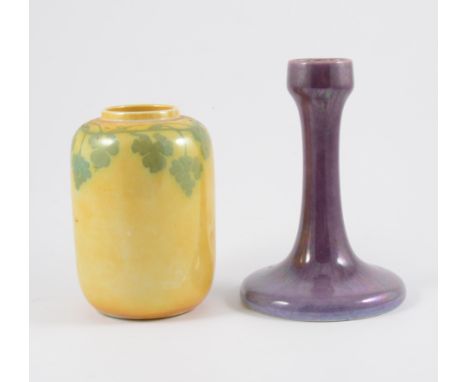 Ruskin Pottery candlestick, flared base, lustred glaze impressed mark no.1921, 17cm; and a Ruskin lustre vase, with leaf and 