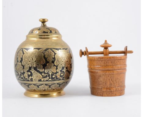 Sycamore pale-shaped turned jar, 13cm; papier-mache bracket; horn-handled magnifying glass, etc.