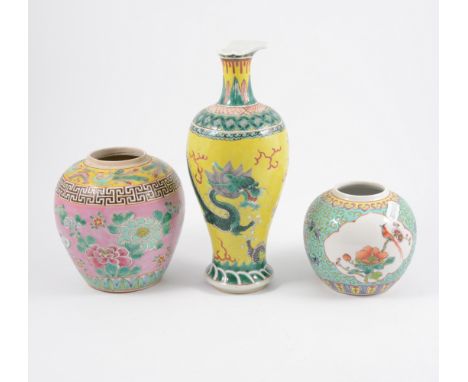 Chinese yellow ground baluster shape vase, decorated with dragons chasing a flaming pearl, damaged, 26cm; and two Chinese pol