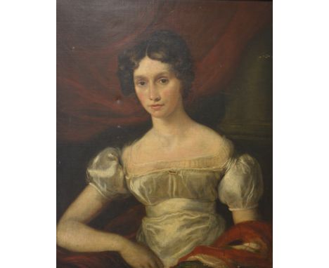 English School, early 19th Century, portrait of a young lady, in Regency dress, oil on canvas, 76cm 63cm.