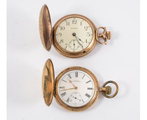 Two Waltham gold-plated full hunter pocket watches, one with a plain case (plating worn), the other with an engine turned and