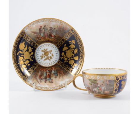 Pair of Meissen cabinet cups and saucers, alternating panels, designed with figurative scenes and blue ground foliage, togeth