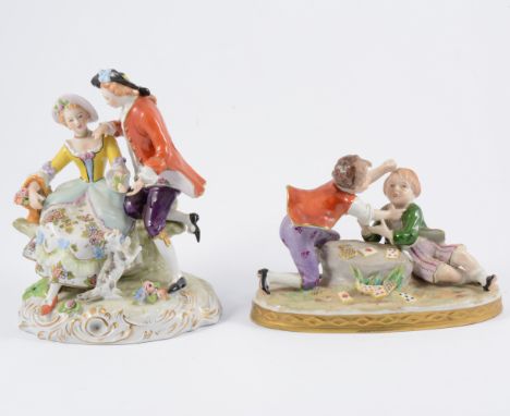 Sitzendorf porcelain group, courting couple, 18cm; another group, boys playing cards; and two further pairs of figures. (6)