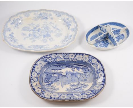 Yorkshire transfer ware dish, Wild Rose pattern, cracked, 28cm; three meat plates; and a Pearl ware dish. (5)