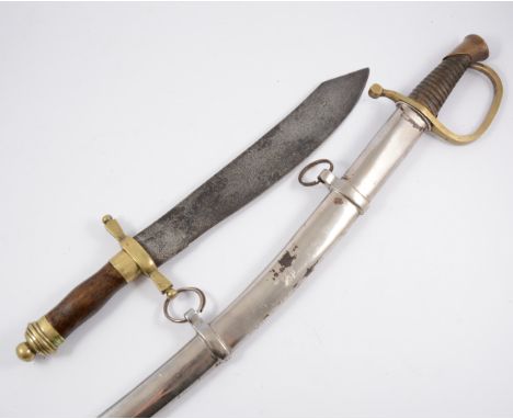 Replica confederate states sabre, metal scabbard, 98cm; and a machete blade, remounted.