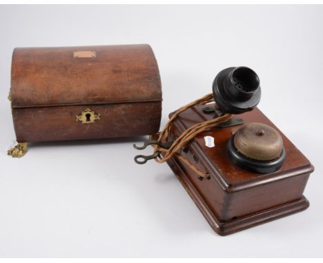 Victorian walnut and Tunbridge ware dome top tea caddy, two division interior, 20cm; a Morocco and brass mounted dome top cas