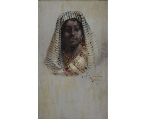 Emile Marin, head and shoulders portrait of a lady, oil on panel, signed, and inscribed Tangier, 25.5cm x 15cm.