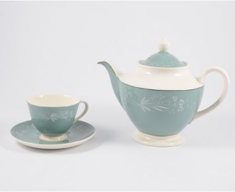 Royal Doulton 'Cascade' pattern half tea service; teapot sugar and milk; six cups, saucers, and plates; and cake plate.