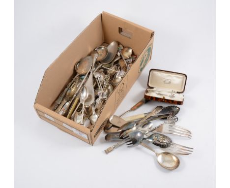 Collection of collectors spoons, silver and electroplate, some engraved and enamel.