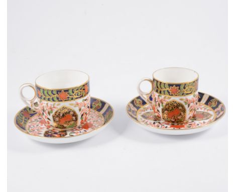 Set of six Royal Crown Derby Imari pattern coffee cans and saucers, no.198, saucers diameter 13cm; and a set of six slightly 
