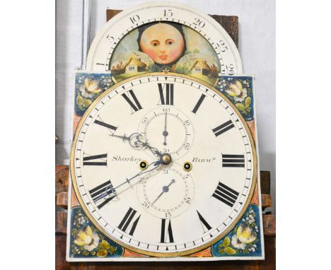 American mahogany longcase clock, arched painted dial, signed Sharkey, Birmingham, the case badly damaged.
