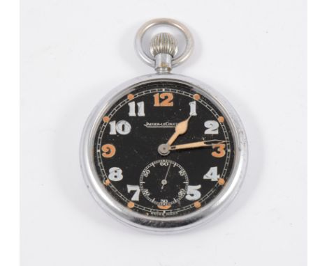 A Jaeger-leCoultre military style open face pocket watch, black dial, with luminous numerals and subsidary seconds dial in a 