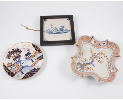 Dutch Delft blue and white tile, 18th Century, framed, 15cm x 15cm overall; and other ceramics.
