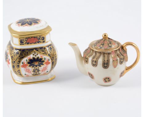 Pair of Royal Crown Derby bone china preserve pots, Old Imari pattern, 7cm; Royal Worcester caddy; Royal Doulton cabinet cup 