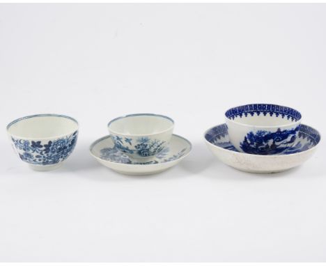 First period Worcester tea bowl and saucer, printed Fence pattern, the saucer diameter 10.5cm, both with crescent mark; anoth