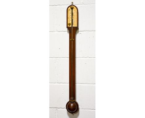 Mahogany stick barometer, arched top, turned cistern cover, ivory chart, signed R. Neill, Belfast, 94cm.